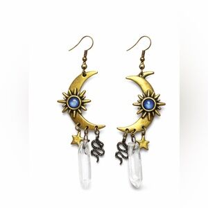 Sun and Moon Gold Earrings with Blue Accents